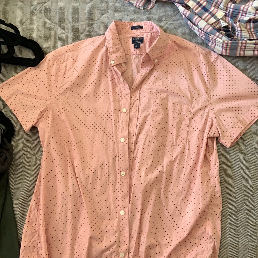 J Crew Pink polka dot shirt sleeve button up flex washed